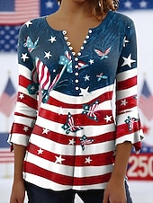  Blusa Patriótica de Día de la Independencia para Mujer Gráfica de Bandera Elegante Estilo Manga de 3/4 Cuello Redondo Tops Regulares Ropa Diaria Salida Volantes Botones Azul Rojo Verano Primavera
