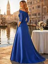 cheap Floor Length-A-Line Floor Length Wedding Guest Dress Formal Dresses Evening Gown Mother of the Bride Dress Half Sleeve Off Shoulder Elegant Minimalist Mother Engagement Formal Evening Chiffon Satin with Ruched