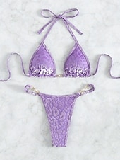 Χαμηλού Κόστους Σετ μπικίνι-Γυναικεία Μαγιό Μπικίνι 2 κομμάτι Στρινγκ Μαγιό Λεπτό Εξώπλατο Διακοπές Ρούχα παραλίας Συμπαγές Χρώμα Λεοπάρ Λαιμός Αμάνικο Μαγιό