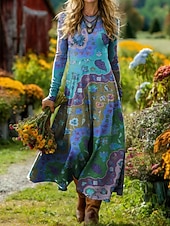 ieftine Rochie boho-Rochie Midi pentru Femei Boho Rochie în Formă de A Fit și Flare Rochie Vacanță Casual Zilnic Ajustare Regulat Grafic Geometric Mâneci Lungi Gât Rotund Albastru Roz Violet Portocaliu Vară Primăvară