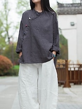 economico Collezione di Lino Premium-Camicia da donna a maniche lunghe con colletto alla coreana in lino biologico