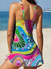 billige Tankinier-Dame Badetøy Tankini Skjørt Badedrakt Halter Elegant Ferie Grafisk Geometrisk V-hals Ermeløs Badedrakter