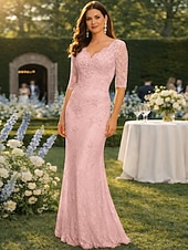 abordables Longueur du plancher-Sirène Trompette Longueur au sol Robe d'invité de mariage Robe de Cérémonie Robe de soirée Robe de Mère de Mariée  Demi Manches Col en V Grande taille Sexy robe demoiselle d honneur Chiffon Dentelle