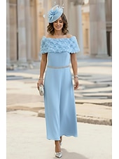 cheap Ankle Length-A-Line Ankle Length Tea Length Cocktail Dress Wedding Guest Dress Mother of the Bride Dress Sleeveless Off Shoulder Elegant Simple Minimalist Formal Wedding Guest Chiffon with 3D Flowers Crystals
