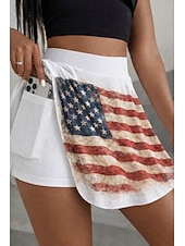abordables Bas du jour de l’indépendance-Jupes courtes taille haute style vintage pour femme, imprimé graphique, grande élasticité, rouge kaki, polyester, idéales pour la fête de l'indépendance et le quotidien.
