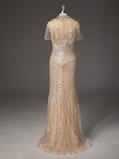  Sirena Tromba Strascico a Terra Abito da Ballo Vestito da Festa Abito Formale Abito da Sera Elegante Festa Scintillante Manica Corta Collo Alto Balli di fine anno Matrimonio con Pizzo Paillettes