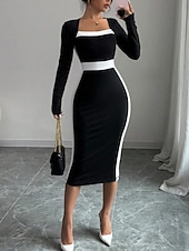 billige midi sort kjole-Dame Midikjole Bodycon kjole Semiformelle kjoler Kontor Normal Fargeblokk Langermet Firkantet hals Svart Navyblå Vår Høst
