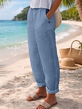 Недорогие Роскошные брюки-Жен. Брюки из хлопка и льна Чино Летние штаны Отпуск Уличный стиль Классический Полная длина Нормальная Полотняное плетение Карман удобный Легкость Дышащий Неэластичная