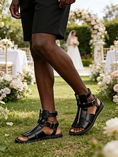 cheap Sandals-Men's Black Faux Leather Open-Toe Sandals, Buckle Strap Design, Comfortable Support, Casual Elegant Style for Beach Wedding Guests