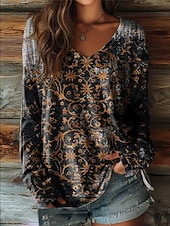 economico T-shirt Boho-Maglietta Boho da donna con grafica floreale piante vintage elegante casual maniche lunghe scollatura a V tops regolari stampa blu nero rosso estate primavera