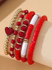 お買い得  レディースブレスレット-女性用ボヘミアンアクリルビーズブレスレットセット、ハートチャーム付きマルチカラーストレッチバングル、バレンタインデーのギフトや普段使いに最適な軽量重ね付け可能なブレスレット