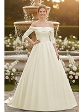  فساتين زفاف A-الخط دون الكتف نصف كم ذيل مثل الفرشاة ساتان فساتين الزفاف مع روش لون صلب