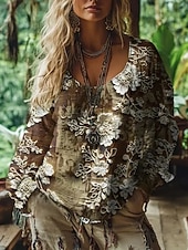abordables Tops bohèmes-Femmes Chemise Chemise Bohème Chemisier Imprimé Fleuri Graphique Bohème Élégant Classique manche longue Col en V Hauts Réguliers Quotidien Fête Sortir Marron Été Printemps Automne