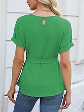 preiswerte Einfache Blusen-Damen Popover-Hemd Sommerhemd Freizeithemd Bluse Gerafft Schnürung Einfach Elegant Stilvoll Basic Kurzarm Rundhalsausschnitt Normale Oberteile Täglich Strand Ferien Blau Schwarz Weiß Grün Sommer