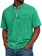 billige Uformell Henley T-skjorte-Herre Henly-skjorte 100% bomullssyre-vaskeskjorte T-skjorte T-skjorte Kortermet Ensfarget Retro / vintage Fritid Lomme Gammeldags stil Vasket Henley Avslappet Sommer Vår Høst Svart Rosa Lysegrønn