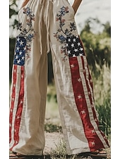  מכנסי פשתן רחבים לנשים, יום העצמאות האמריקאי, מכנסי פאלאצו, אופנתי, בוהו, מכנסיים באורך מלא, מותן גבוה, שרוך פרחוני, הדפס מותן אלסטי, נושם, נוח, רחוב, לבוש יומיומי