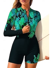 お買い得  ワンピースラッシュガード-女性用 ラッシュガード ワンピースサーフィンスーツ 水着 フラワー トロピカル風 カラーブロッキング ジッパーを閉める 内蔵ブラ付き 取り外し式パッド UVサンプロテクション UPF50+ 超軽量(UL) 長袖 スイムウェア ラッシュガード サーフィン ビーチ ウォータースポーツ 夏