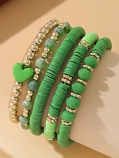 お買い得  レディースブレスレット-女性用ボヘミアンアクリルビーズブレスレットセット、ハートチャーム付きマルチカラーストレッチバングル、バレンタインデーのギフトや普段使いに最適な軽量重ね付け可能なブレスレット