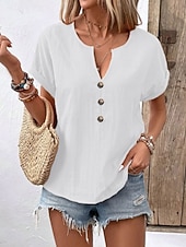 abordables Camiseta lisa-Mujer Camiseta Camiseta superior Botones del pecho Plano Moda Elegante Clásico Manga Corta Escote en Pico Tops regulares Diario Noche Fin de semana Negro Blanco Rojo Azul Marino Naranja Verano