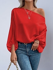 voordelige Chique Blouses-Dames Overhemd Satijnen overhemd Blouse Tops met blote schouders Effen Stijlvol Klassiek Modern Lange mouw Schouderafhangend Normale tops Dagelijks Feestdagen Uitgaan blauw Zwart Blozend Roze Rood