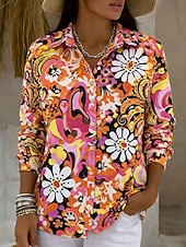 Χαμηλού Κόστους Τέχνη &amp; Σχεδίαση Μπλούζες-Γυναικεία Πουκάμισο Κουμπιά Στάμπα Γραφική Αφηρημένο Βίντατζ Στυλάτο Μοντέρνα Μακρυμάνικο Κολάρο Πουκαμίσου Κανονικά μπλουζάκια Καθημερινά Θαλασσί Πορτοκαλί Πράσινο του τριφυλλιού Καλοκαίρι Άνοιξη