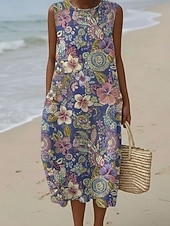 abordables Robes fleuries-Femmes Robe Midi Robe Décontractée Robe d'Été Robe fourreau ancien Quotidien Extérieur Vacances Coupe Ample Fleuri Sans manches Col ras du cou Bleu Vert Été Printemps