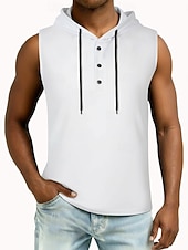 お買い得  ベーシックTシャツ-男性 ベストトップ ヘンリーパーカー ティートップ ノースリーブ フード付き 夏 純色 平織り ファッション デザイナー ベーシック ボタン フード付き カジュアル バケーション ストリート ブルー ブラック ホワイト メンズトップTシャツ