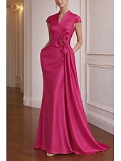economico Abiti da ballo-Abito da ballo Strascico a Terra Abito da Sera Abito da ballo con sopragonna Elegante Manica a Cappuccio Scollo a V Matrimonio Formale Raso Elasticizzato con Fiori 3D Pieghe