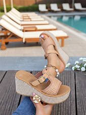 tanie Sandały na koturnie-damskie białe sandały na koturnie z paskiem ze sprzączką – stylowe i wygodne obuwie na lato, plażę i imprezy przy basenie