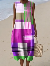 cheap Stripe&amp;Geometric Dress-Women's Midi Dress Linen Like Shift Dress Casual Beach Going out Loose Fit Graphic Geometric Sleeveless Crewneck Blue Light Yellow Yellow Purple Summer Spring