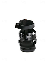 cheap Sandals-Men's Black Faux Leather Open-Toe Sandals, Buckle Strap Design, Comfortable Support, Casual Elegant Style for Beach Wedding Guests