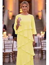 preiswerte Bodenlänge-Schlauchkleid Bodenlang Kleid für Hochzeitsgäste Abendkleid Brautmutterkleid Dreiviertelarm Rundhalsausschnitt Elegant Formell Chiffon mit Rüschen