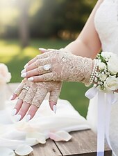 baratos Casamento ACC-Luvas femininas sem dedos com renda, em poliéster, diversas cores, perfeitas para casamentos e festas.