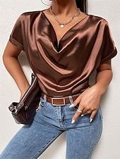 economico T-shirt semplice-Per donna Elegant Top in raso Blusa Top Eleganti Arricciato Patchwork Drappeggiato Semplice Elegante Vintage Signore Senza Maniche Scollo a V Top Regolari Quotidiano Lavoro Ferie Marrone Estate