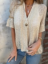 economico Bluse Semplici-Per donna Camicia Blusa Traforato Semplice Vintage Elegante Manica Corta Scollo a V Top Regolari Top corti Quotidiano Ferie Uscire Nero Bianco Rosa Marrone Verde Estate Primavera