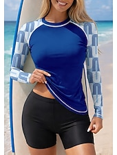 preiswerte Surfen Tankinis &amp; Bikinis-Damen Mittel Rash Guard Badeanzug Anti UV Shirt Tankini-Badeanzüge Geometrisch Farbblockierung 2 teilig Herausnehmbare Polsterung Boyleg UV-Sonnenschutz UPF50+ Elastisch Langarm Bademode Schutz gegen