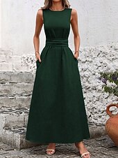 tanie Biała sukienka-Damskie Sukienka maxi Sukienka A line Urlop Codzienny Na zewnątrz Wyjściowe Luźny / a Jednokolorowe Bez rękawów Wycięcie pod szyją Granatowy Czarny Czerwony Zielony Lato Wiosna