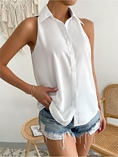 voordelige Gewone Tank-Dames Satijnen overhemd Kampshirt Met ruches Effen Kleur Elegant Stijlvol Casual Mouwloos Overhemdkraag Normale tops Dagelijks Zwart Wit Paars Oranje Beige Zomer Lente