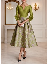 abordables Robes de cocktail-Ligne A Longueur thé Robes de Cocktail Robes de soirée Élégant ancien Manche 3/4 Col en V Mariage Formel Taffetas Jacquard avec Noeud(s) Plis