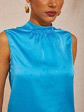 billiga Konst &amp; Design Blusar-ärmlös topp med vida axlar och stående krage i satin, avslappnad semester