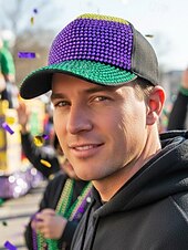 preiswerte Zubehör-Unisex-Paillettenkappe aus Polyester – Karnevalshut mit Strassverzierungen, verschiedene Muster für Freizeit und Festlichkeiten