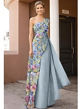 cheap A-Line Evening Dresses-A-Line Sheath Column Floor Length Evening Gown Ball Gown Formal Dress Elegant Vintage Floral Sleeveless One Shoulder Wedding Formal Pocket Lace Stretch Fabric with Glitter Ruffles Embroidery