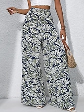 preiswerte weites Bein und hohe Taille-Damen Weite Hosenbeine Chinos Palazzo-Hose Urlaub Streetwear Basic Volle Länge Mittlere Taillenlinie Blumen Tropisch Elastischer Bund Drucken Bequem Unelastisch Täglich Outdoor Straße Blau Marineblau