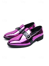 baratos Mocassins-Sapatos masculinos de couro envernizado rosa com fivela e detalhes em preto - sapatos sociais modernos para eventos sofisticados e casamentos.