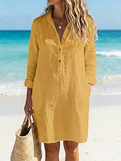 economico Vestito Semplice-Per donna Abito al ginocchio Abiti in cotone e lino Abito Camicia Moda Moderno All'aperto Vacanza Ferie Vestibilità regolare Semplice Manica Lunga Colletto a Camicia Bianco Giallo Blu marino Estate