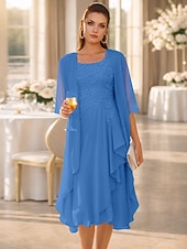  Duas Peças Linha A Até os Joelhos Vestido de convidada de casamento Vestido Para Mãe dos Noivos Sem Manga Scoop pescoço Elegante Convidado do casamento Festa de Casamento Chiffon Renda Vestidos de