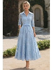 Недорогие Длина щиколотки-А-силуэт До щиколотки Платье-рубашка Вечернее платье Платье для матери невесты Длинный рукав Рубашечный воротник Элегантный стиль Винтаж Официальные Жаккард с Бант(ы) Вышивка Цветы