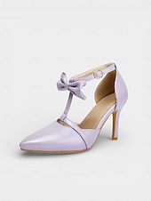 abordables novia-Zapatos de tacón de aguja altos, cómodos y de estilo vintage de los años 50 con tira en T, lazo en el tobillo y color lavanda para mujer. Ideales para bodas y eventos formales de noche.
