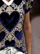 baratos Camiseta floral-Dia dos Namorados Mulheres Camiseta T-shirt Imprimir Coração Gráfico à moda Clássico Casual Manga Curta Decote V Tops regulares Diário Para Noite Final de semana Vinho Azul Real Verão Primavera