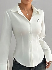 baratos Blusas Simples-Mulheres Saia camisa de botão Blusa Bordado Botões Côr Sólida Elegante à moda Casual Manga Longa Aberto para a Lateral Tops regulares Diário Trabalho Feriado Branco Verão Primavera Outono